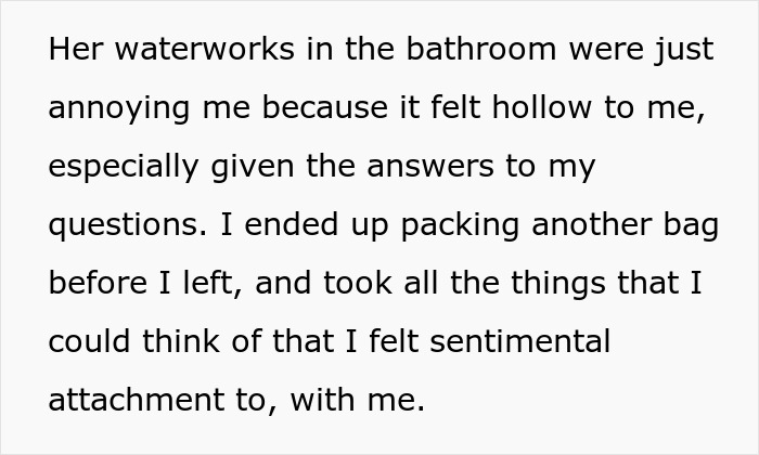 Text excerpt showing a woman admitting to cheating multiple times and her husband leaving after telling her parents everything.
