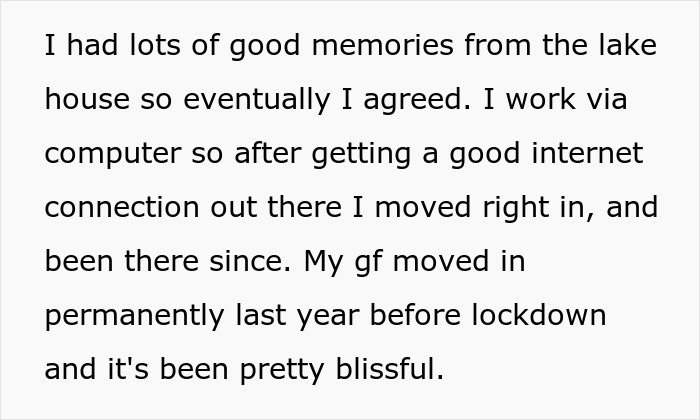 Text excerpt discussing moving to a lake house and living there blissfully before lockdown during honeymoon plans. Text excerpt discussing moving to a lake house and living there blissfully before lockdown during honeymoon plans.