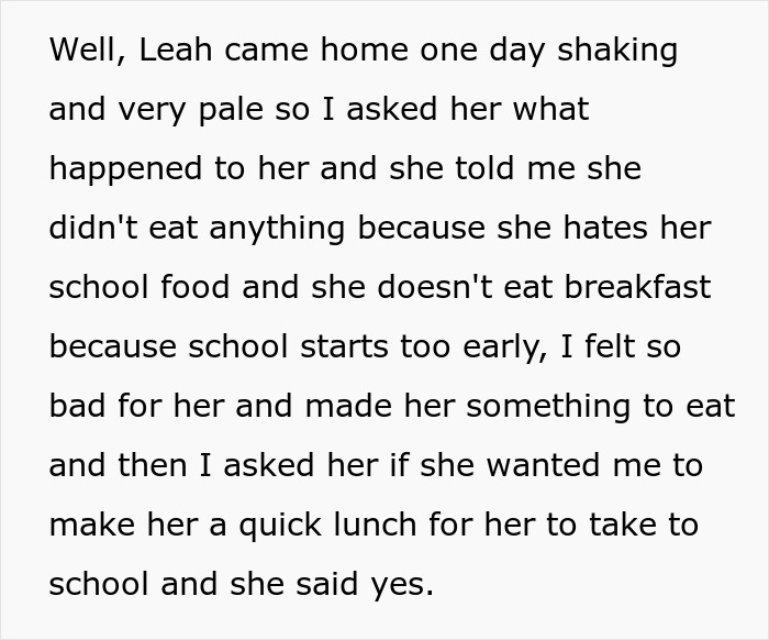 Text about a child refusing school food and a parent deciding to make school lunches to help her.