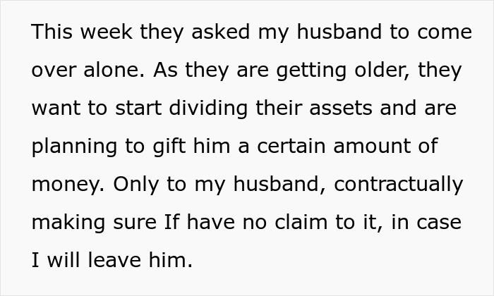 Text excerpt about in-laws planning to gift money only to the husband amid family asset division and contractual conditions.