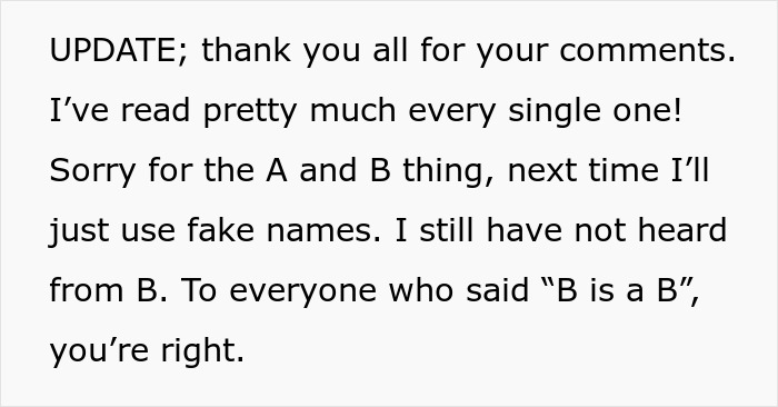 Text message update with a best friend fight mom theme, expressing gratitude and addressing comments about fake names.