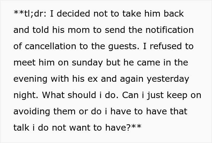 Text excerpt showing a person deciding not to take back a man and dealing with regret after ditching fianc&eacute;e.