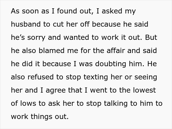 Text message showing a wife confronting her husband's affair with a married woman refusing to stop texting him.