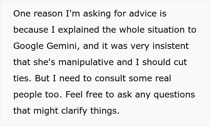 Text post about a woman seeking advice on dealing with a manipulative friend after years of trying to make her fall in love.