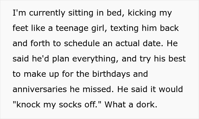 Text message excerpt showing excitement about scheduling a date, part of a man&rsquo;s love story reconnecting with his ex.