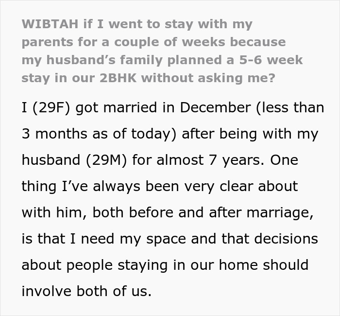 Wife feels hurt and disrespected after husband approves family&rsquo;s 6-week stay without consulting her in their home.