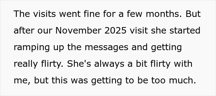 Text excerpt showing a woman increasing flirty messages after a long friendship, leading to being blocked.