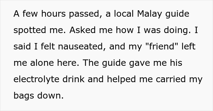 Um guia local ajuda uma pessoa enjoada depois que seu parceiro a abandona durante atividades ao ar livre.