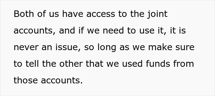Text discussing joint accounts and communicating about fund usage between spouses regarding shared finances.