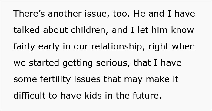 Text discussing fertility issues and desire to have children amid a dark and twisted secret involving fathering an ex&rsquo;s child.