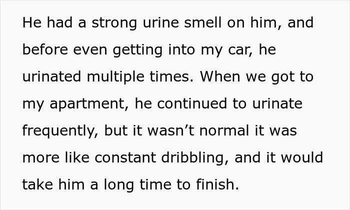 Text describing dog health problems from neglectful owner involving frequent urination and strong urine smell.