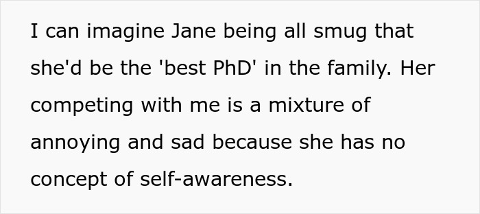 Text about a jobless 36-year-old dragging parents into competition with her PhD cousin, causing loss of life savings.