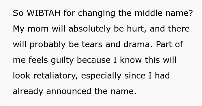 Text discussing feelings of guilt and drama about secretly changing a baby name while pregnant, causing family tension.
