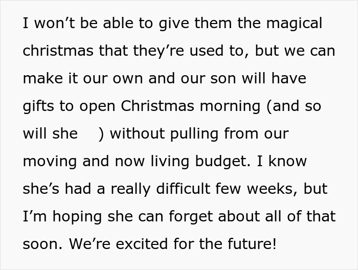 Text excerpt discussing challenges of celebrating Christmas while managing a moving budget and toddler, related to grandparents kicking young family out.