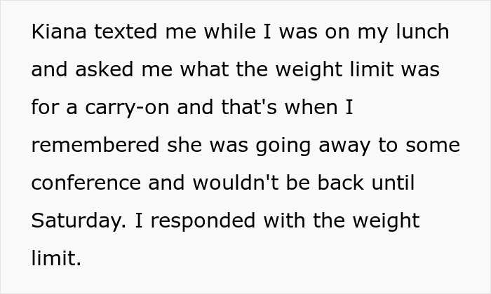 Text message conversation about weight limits for carry-on luggage while planning a trip, relating to a hidden secret.