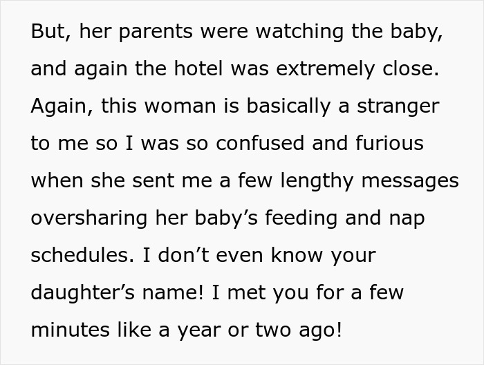 Woman Barely Knows Bride But Sends Lengthy Baby Updates, Last-Minute Ask Finally Gets Shut Down Woman Barely Knows Bride But Sends Lengthy Baby Updates, Last-Minute Ask Finally Gets Shut Down
