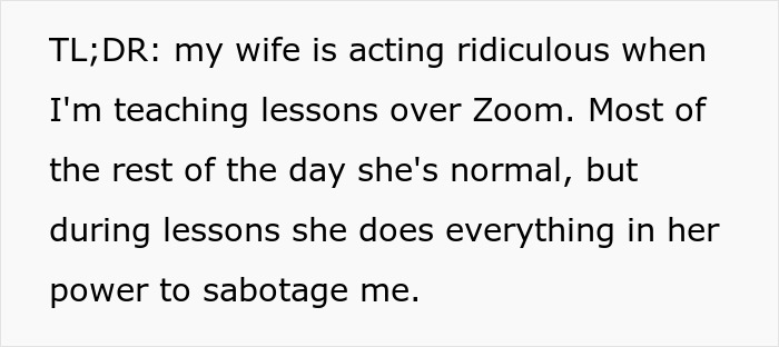 Text describing a toxic wife ruthlessly humiliating her teacher husband on Zoom while he is teaching students online.