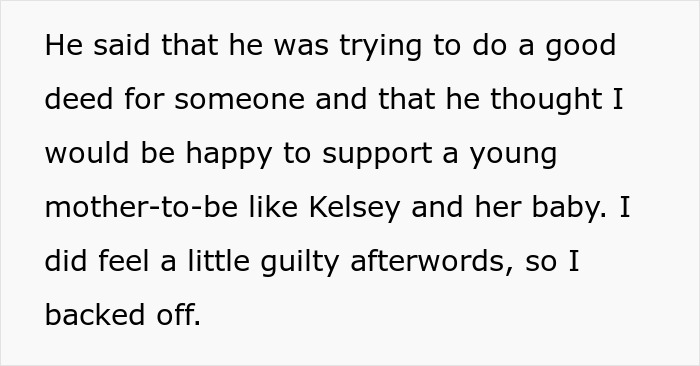 Text image showing a man explaining his good deed of helping a pregnant coworker, feeling guilty afterward.