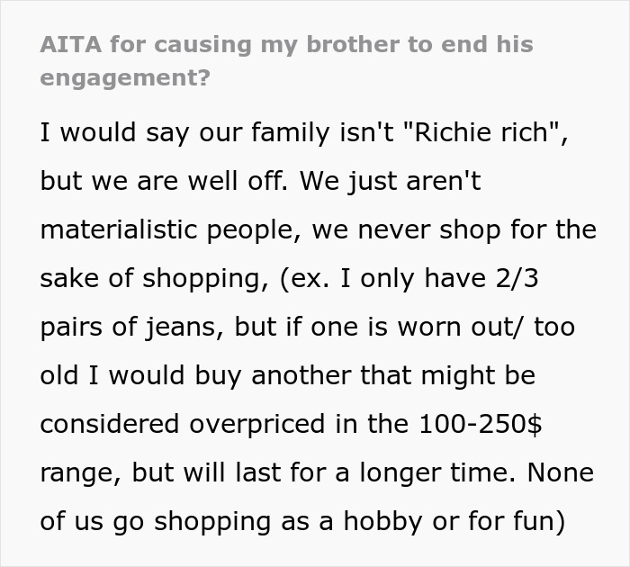 An AITA post discussing a family's non-materialistic values, relevant to a brother's ring complaint and proposal.
