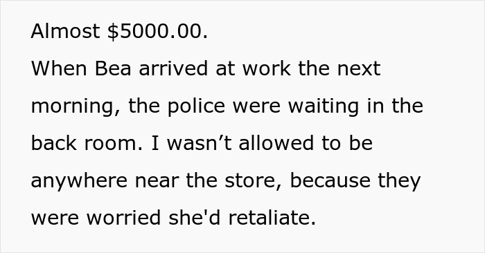 Text excerpt describing office theft and police involvement after a lady exposes office bully and theft incident.