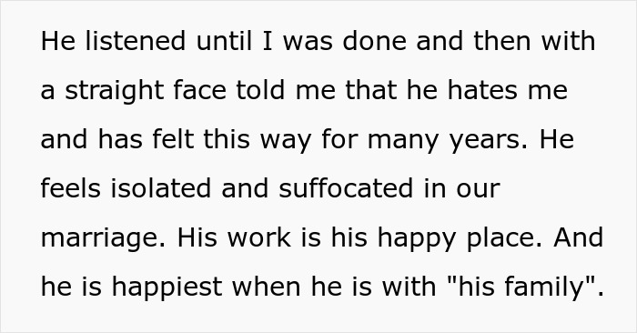 Texto sobre uma mulher que se muda com a família para fugir dos sogros, com o marido revelando que isso foi planejado.