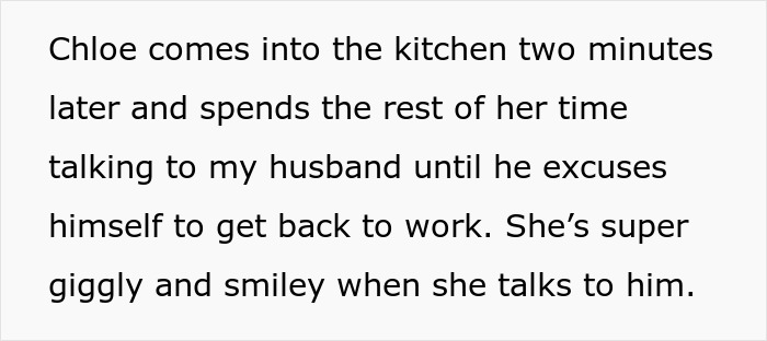 Alt text: Text describing a woman named Chloe interacting with a husband, focusing on a tense family dynamic involving a pregnant woman.