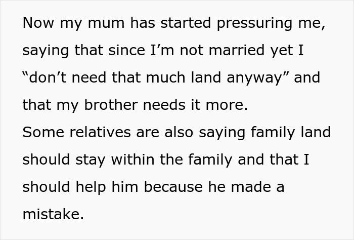 Text describing family pressure over brother inherited land money and disputes about fair share among relatives.