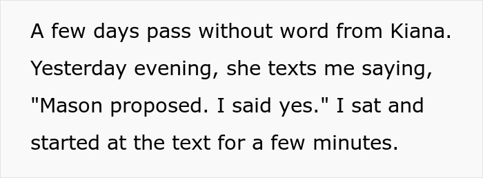 Text excerpt showing a message about a proposal, relating to cheater hiding a one night stand and a friend threatening exposure.
