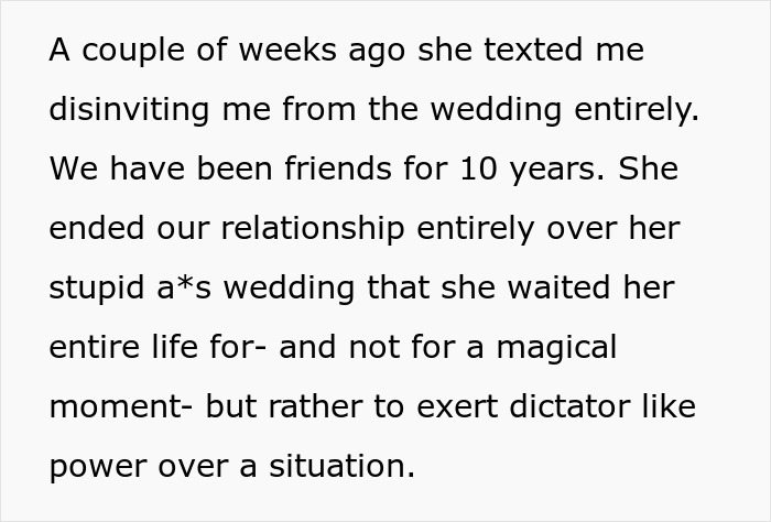 Text describing a bride’s obsession with control causing her to lose two close friendships before the wedding.