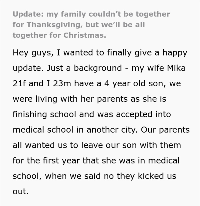 Text update about grandparents kicking young family out for refusing to leave toddler behind during medical school transition.