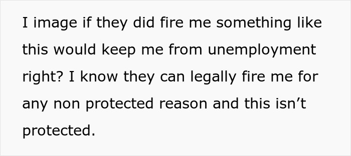Text stating concerns about legal firing and unemployment related to lifting shirt at work for a cancer survivor.