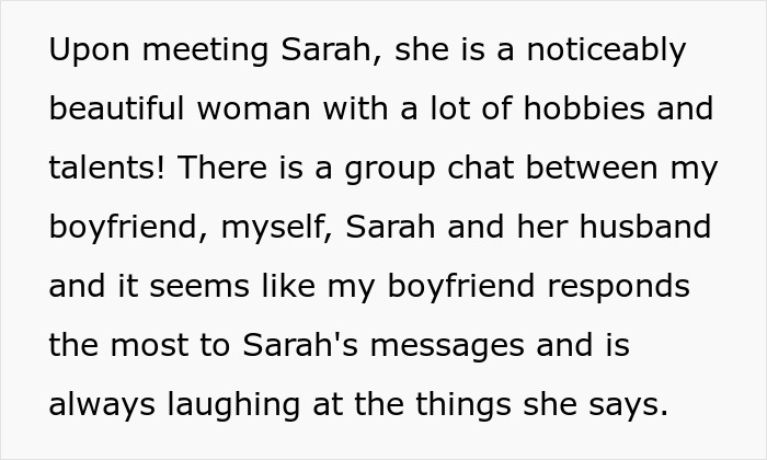 Text excerpt discussing an arrogant guy ruthlessly comparing his devoted girlfriend to another man's wife, causing her to feel second best.