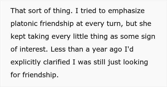 Text excerpt about a woman emphasizing platonic friendship while her friend misinterprets signals, causing tension.