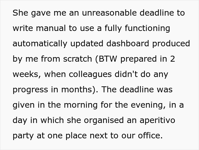 Text describing an unreasonable work deadline given while the boss ignores work-life balance lessons.