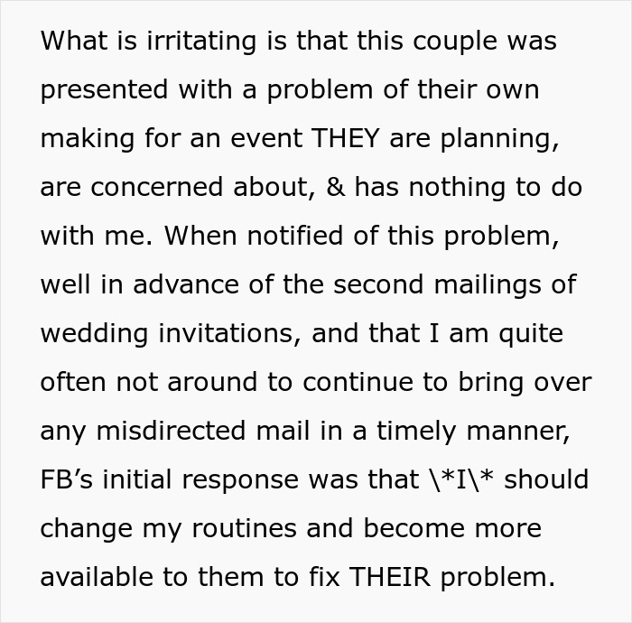 Couple&rsquo;s fancy wedding invites repeatedly misdelivered, bride relies on neighbor to handle the delivery issue.