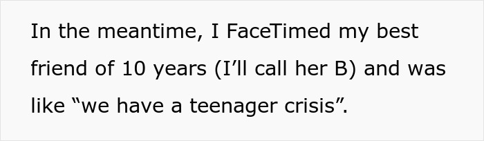 Text on screen showing a FaceTime conversation referencing a best friend and a teenager crisis.