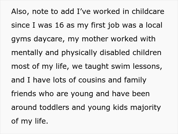 Text about childcare experience, mentioning working with disabled children and familiarity with toddlers and young kids.