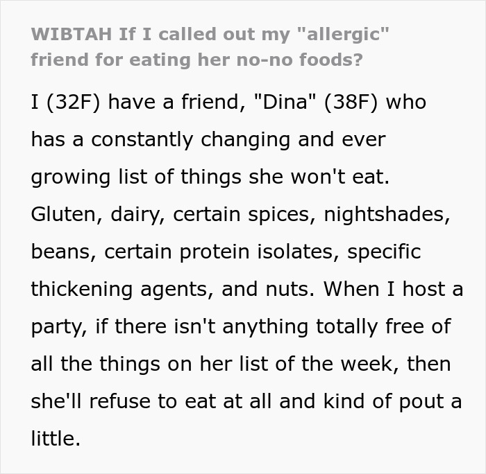Text excerpt about a picky eater using supposed allergies that change frequently and avoiding many foods.