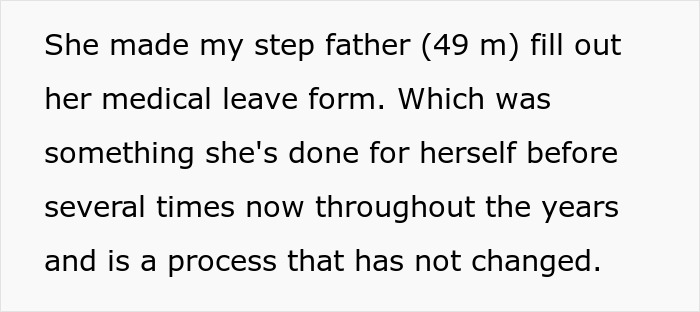 Text describing a mom managing work drama and family relationships while filling out a medical leave form for her stepfather.