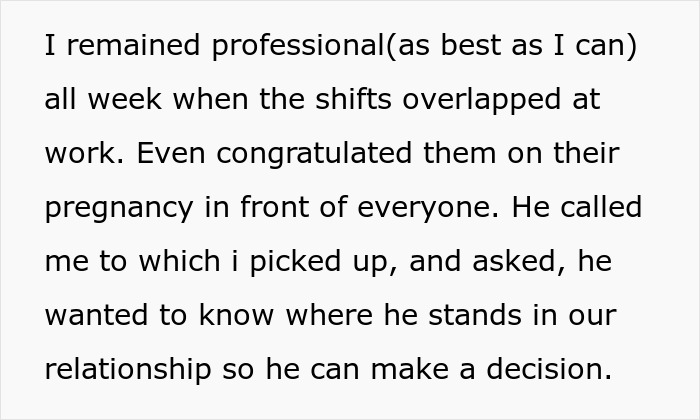 Woman congratulates boyfriend and his pregnant mistress in front of coworkers, maintaining professionalism despite tension.