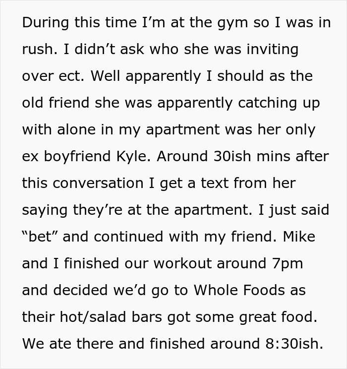Text message conversation revealing boyfriend lets girlfriend use apartment to catch up with her old friend, who is her ex.