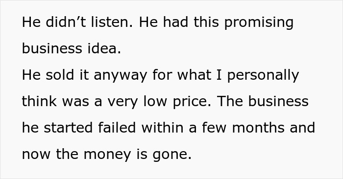 Text discussing a brother inheriting land and money, with a failed business idea resulting in lost money.