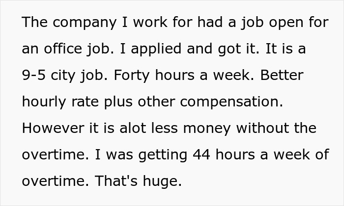 Text about applying for an office job, working 9-5, and comparing regular pay to overtime earnings.