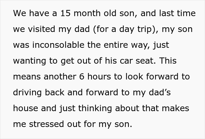 Text excerpt on a white background discussing stress related to caring for a 15-month-old son during a long trip.