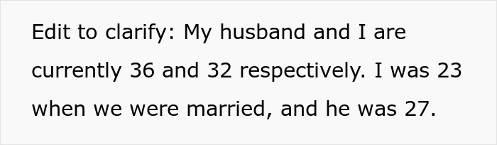 Text showing a person clarifying their and their husband's ages, relating to parents mad about daughter buying a house.