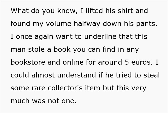 Text excerpt explaining how a DnD guest was caught stealing a common manga volume, not a rare collector's item.