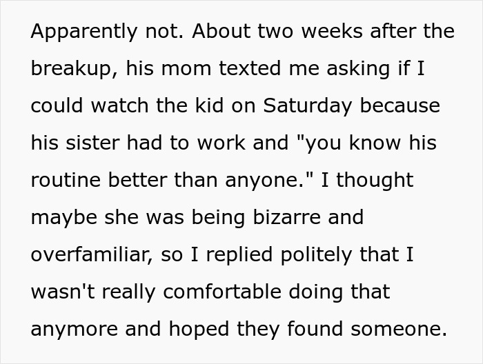 Text message conversation about a woman being asked to watch ex&rsquo;s nephew after breakup despite expecting freedom.