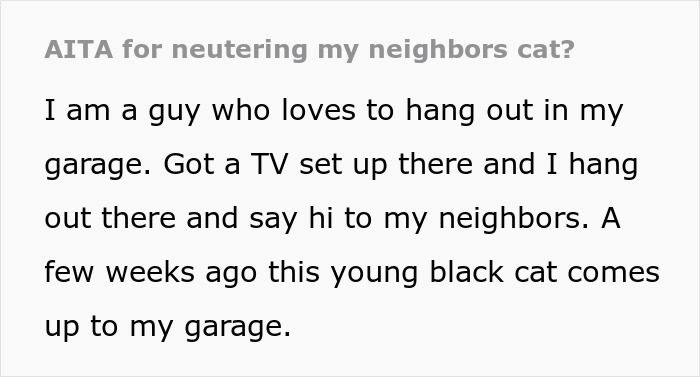 Text excerpt discussing neutering neighbor cat stray, describing a person who interacts with neighbors and a young black cat visiting their garage.