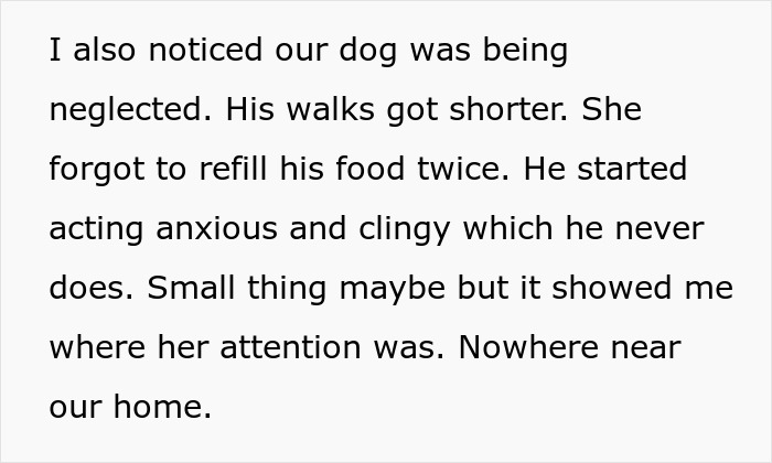 Text excerpt about dog neglect showing anxiety and attention shift amid wife's focus on coworker during husband's surgery.