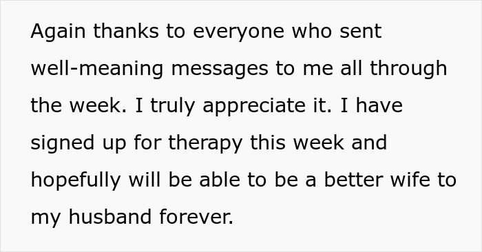 Text about a wife appreciating support and seeking therapy to be a better wife after seeing hubby without shirt and bestie naked.